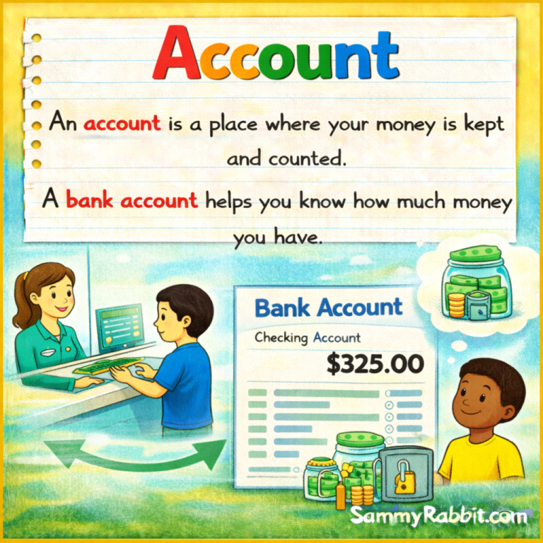 Account – kid-friendly picture dictionary money word showing a bank account