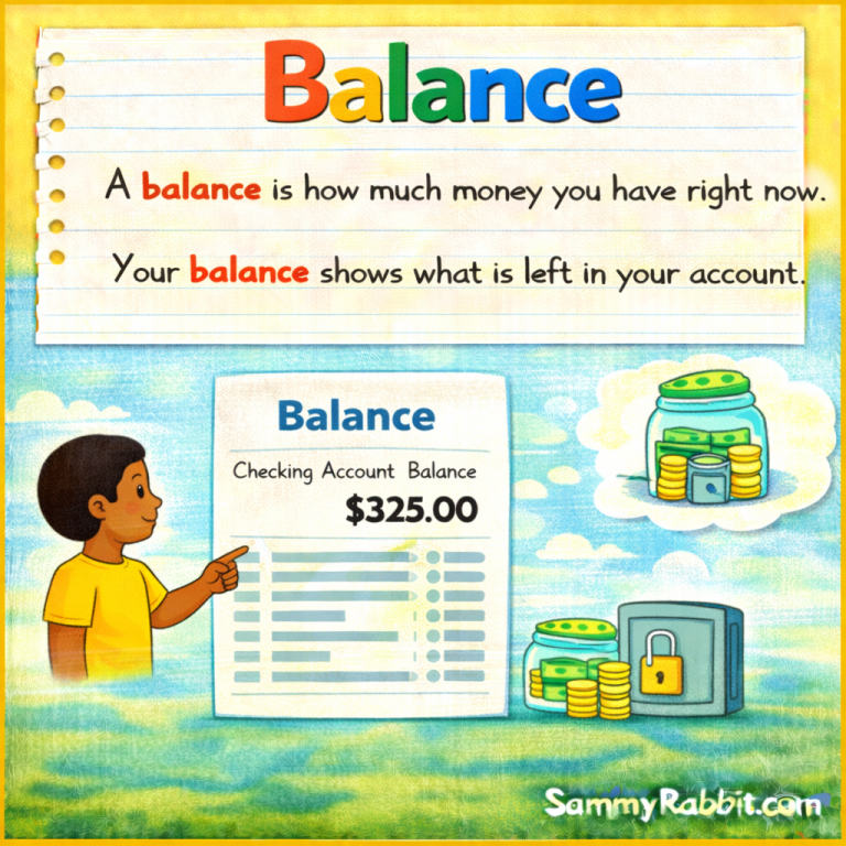 Balance – kid-friendly picture dictionary money word showing a balance