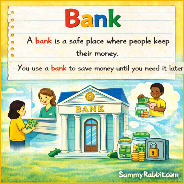 Bank – kid-friendly picture dictionary money word showing a bank