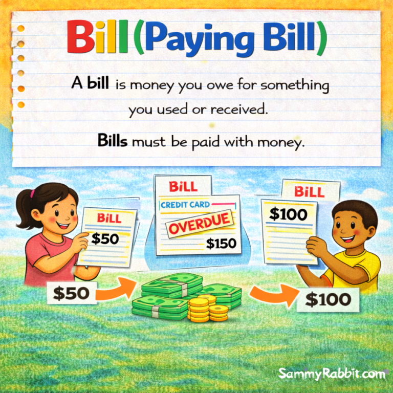 Bill (Paying Bill): definition for kids from Sammy Rabbit’s kid-friendly money dictionary