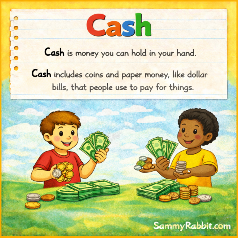 Cash: definition for kids from Sammy Rabbit’s kid-friendly money dictionary