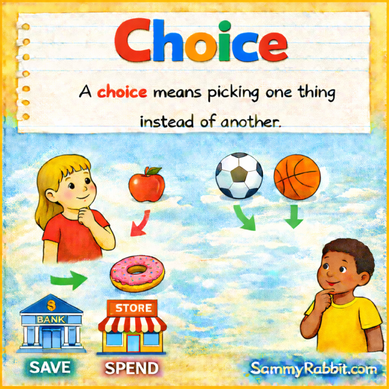 Choice – kid-friendly picture dictionary money word showing making a choice
