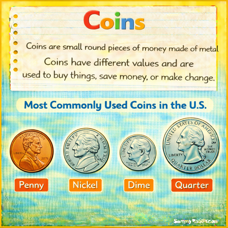 Coins: definition for kids from Sammy Rabbit’s kid-friendly money dictionary