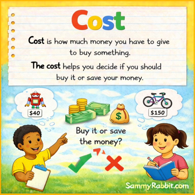 Cost: definition for kids from Sammy Rabbit’s kid-friendly money dictionary