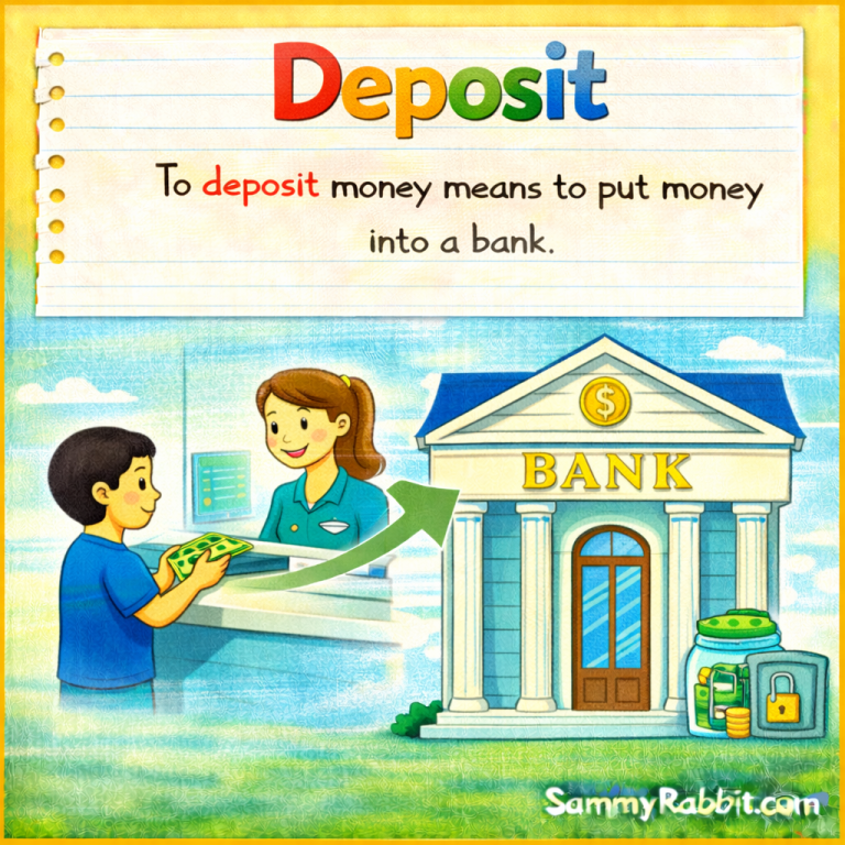 Deposit – kid-friendly picture dictionary money word showing making a deposit