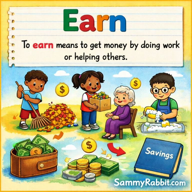 Earn – kid-friendly picture dictionary money word showing earning money