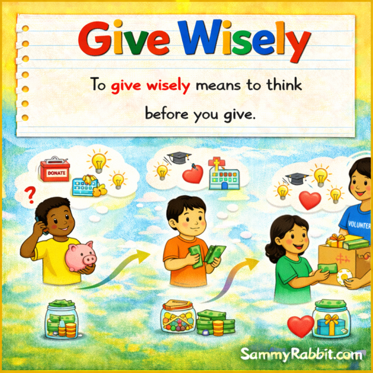 Give Wisely – kid-friendly picture dictionary money word showing giving wisely