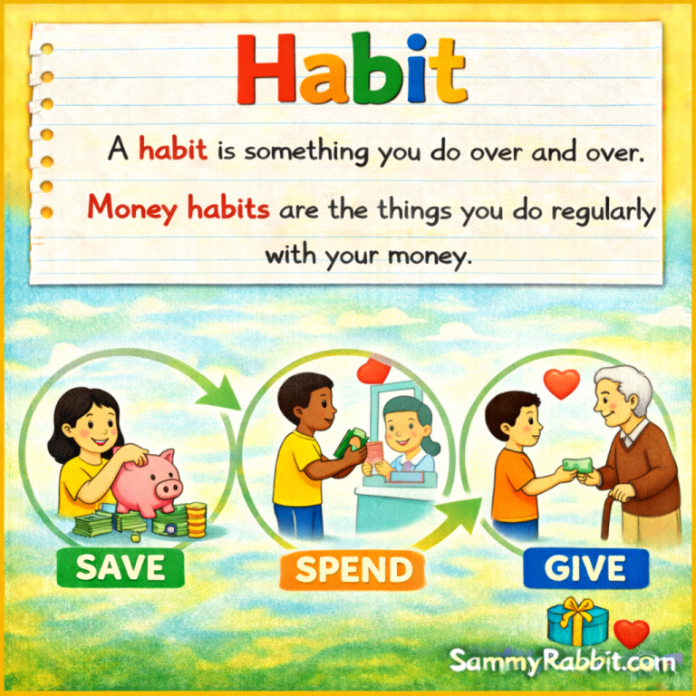 Habit – kid-friendly picture dictionary money word showing good money habits