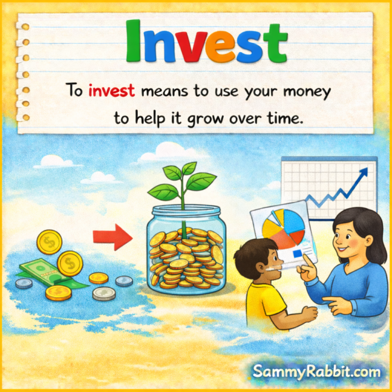 Invest – kid-friendly picture dictionary money word showing investing money