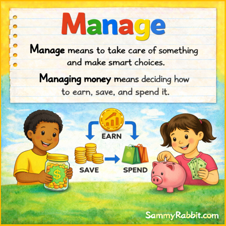 Manage: definition for kids from Sammy Rabbit’s kid-friendly money dictionary