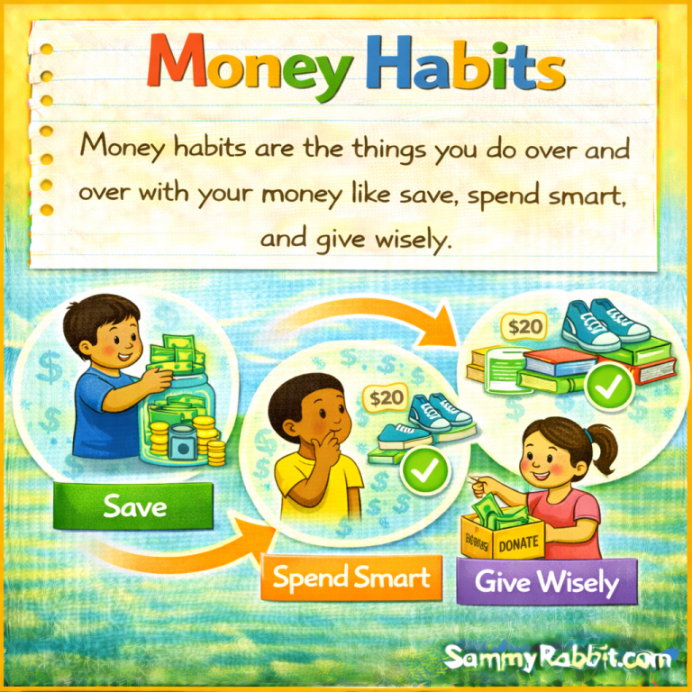 Money Habits – kid-friendly picture dictionary money word showing good money habits