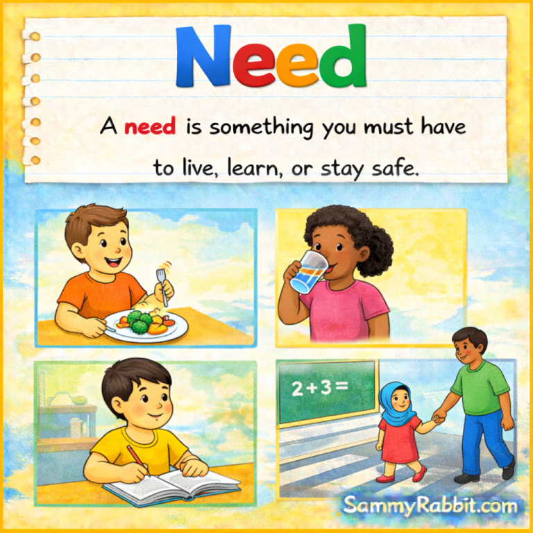 Need – kid-friendly picture dictionary money word showing something you need