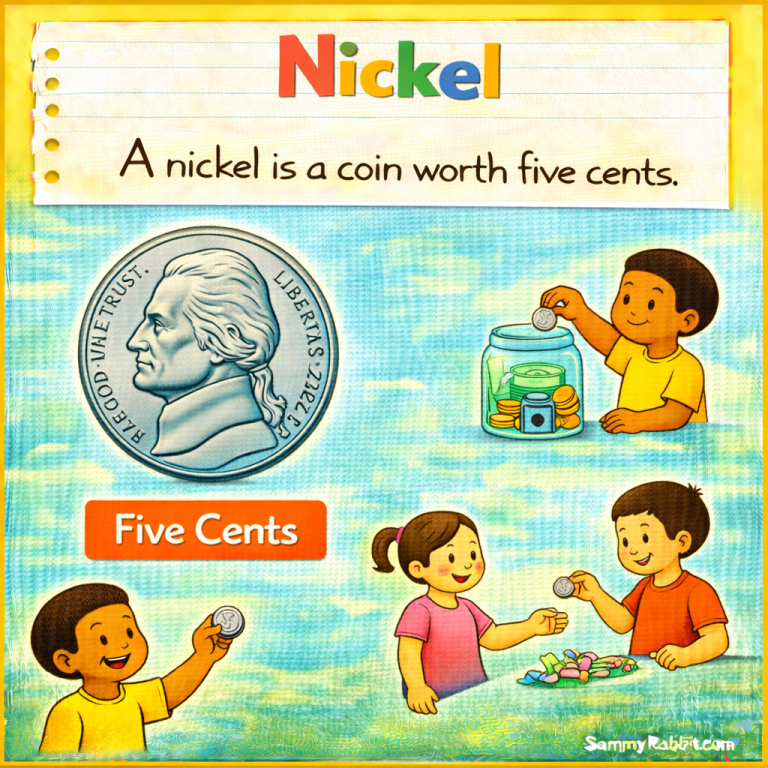 Nickel – kid-friendly picture dictionary money word showing saving money