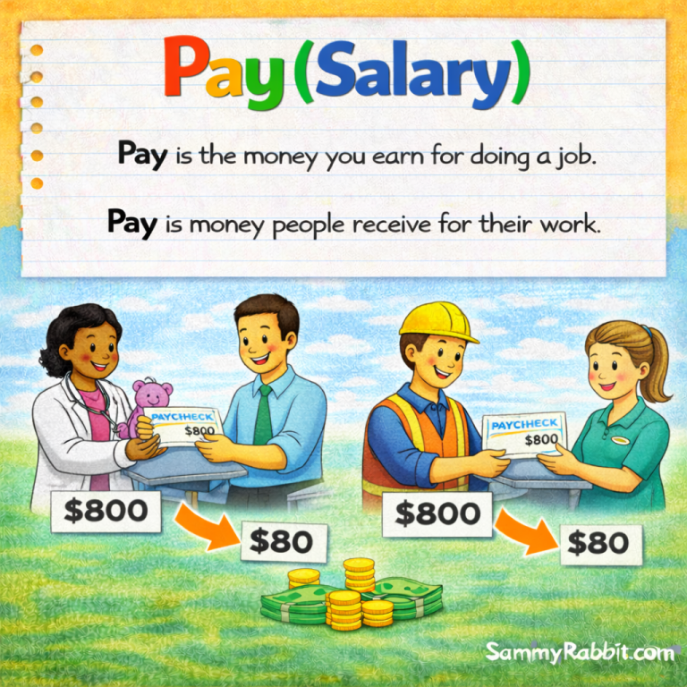 Pay (Salary): definition for kids from Sammy Rabbit’s kid-friendly money dictionary