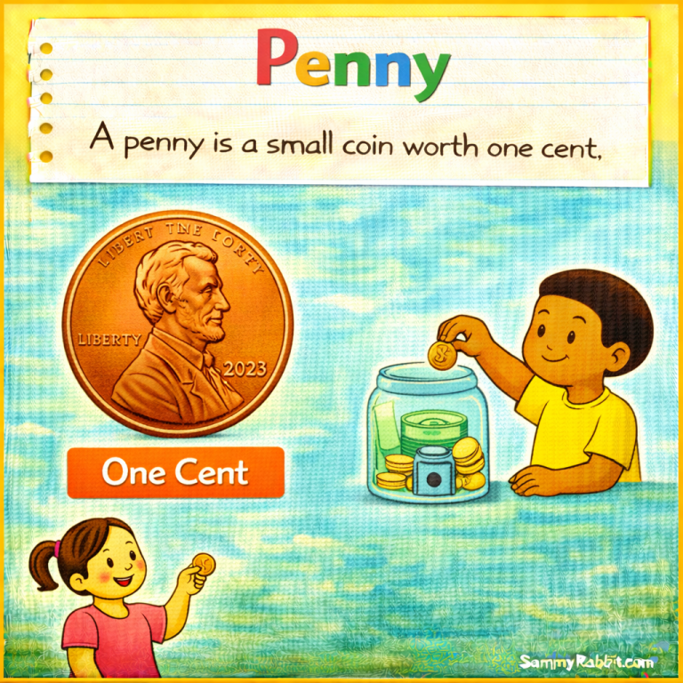 Penny – kid-friendly picture dictionary money word showing saving money