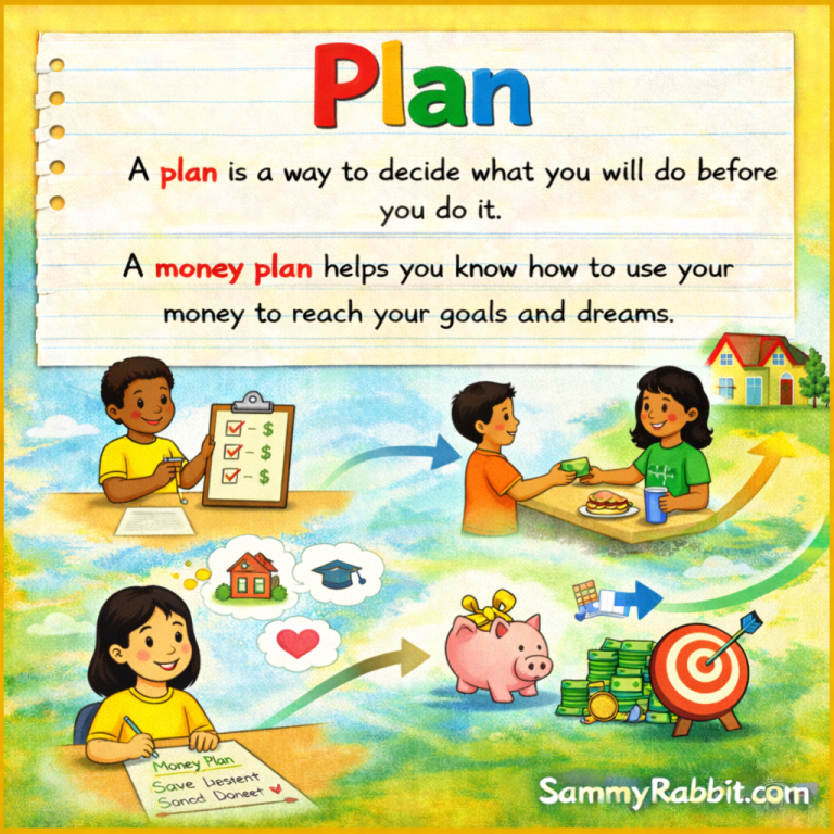Plan – kid-friendly picture dictionary money word showing making a plan