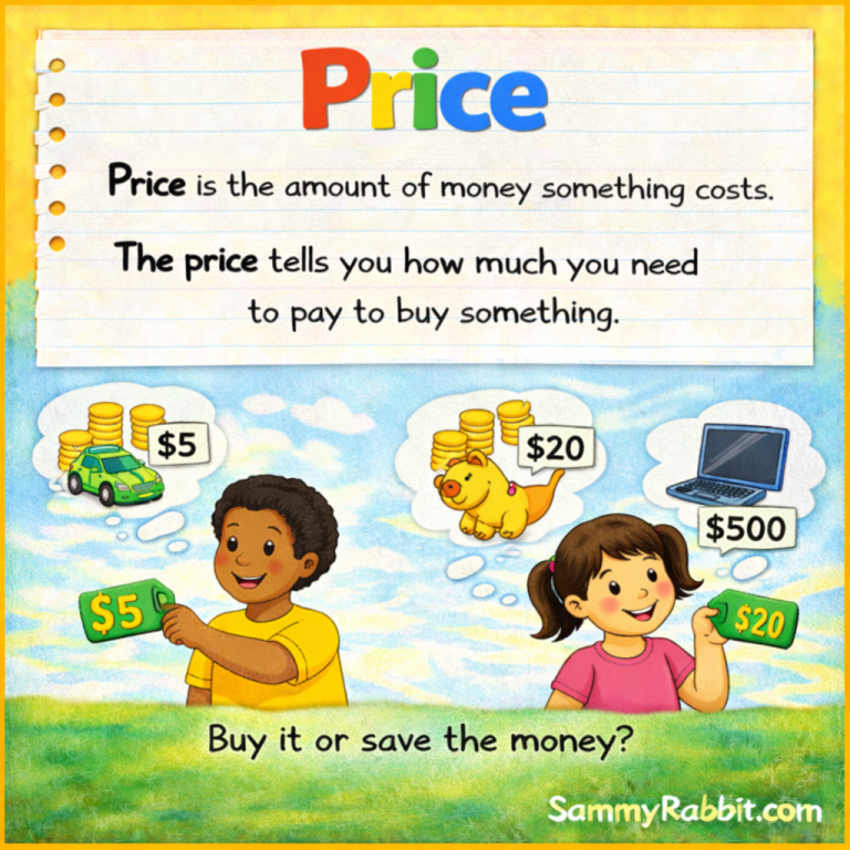 Price: definition for kids from Sammy Rabbit’s kid-friendly money dictionary