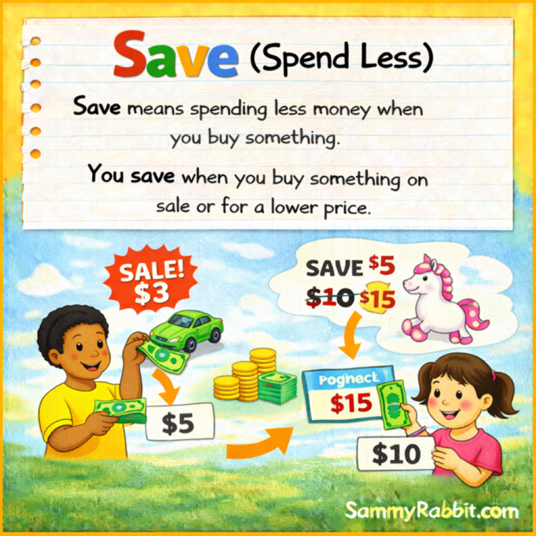 Save (Spend Less): definition for kids from Sammy Rabbit’s kid-friendly money dictionary