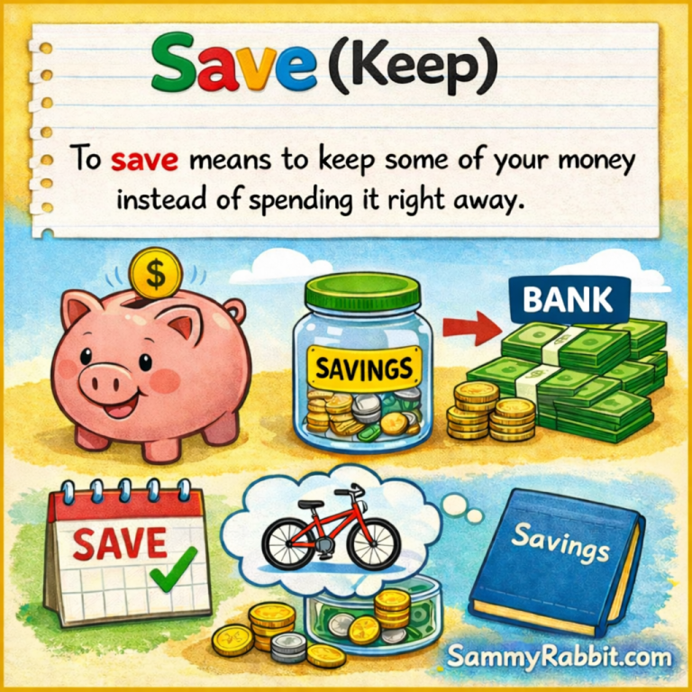 Save (Keep) – kid-friendly picture dictionary money word showing saving money