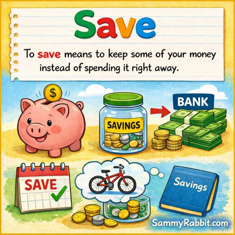 Save – kid-friendly picture dictionary money word showing saving money