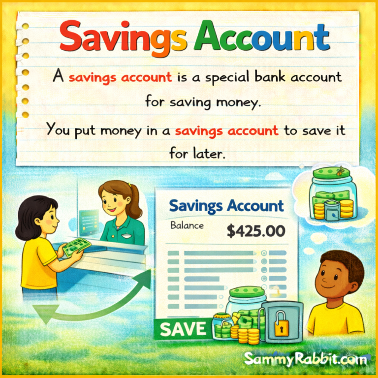 Savings Account – kid-friendly picture dictionary money word showing a savings account