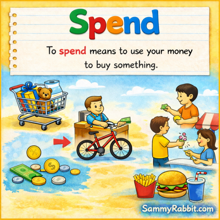 Spend – kid-friendly picture dictionary money word showing spending money