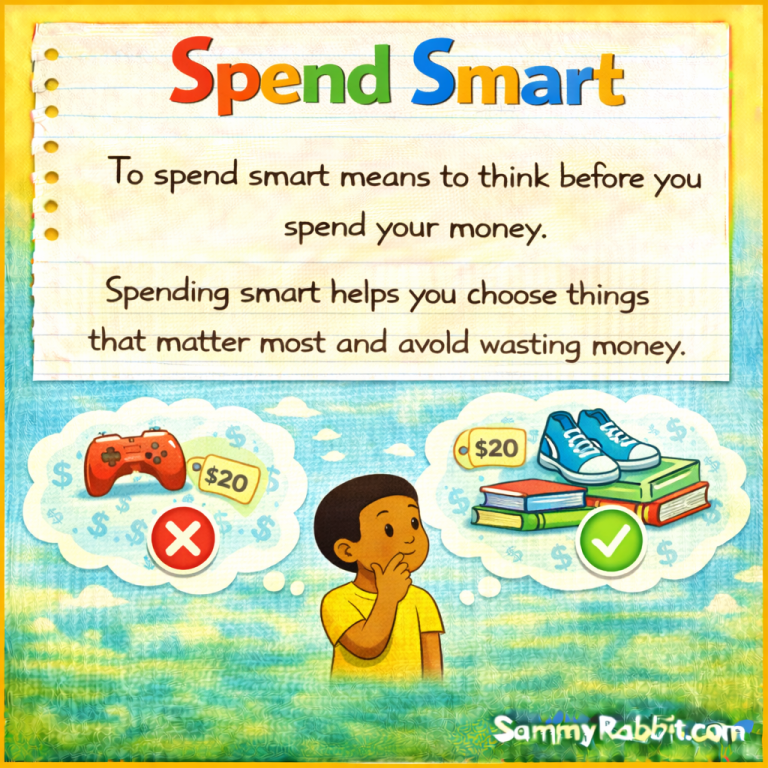 Spend Smart – kid-friendly picture dictionary money word showing spending money wisely