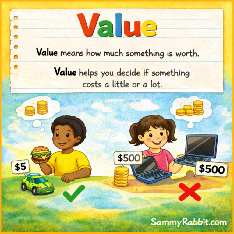Value: definition for kids from Sammy Rabbit’s kid-friendly money dictionary