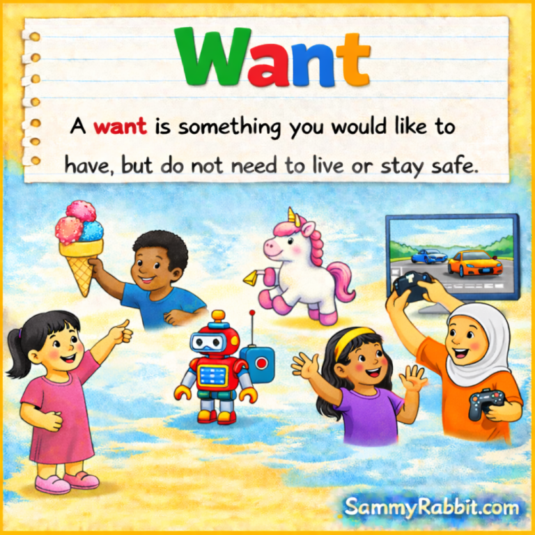 Want – kid-friendly picture dictionary money word showing something you want