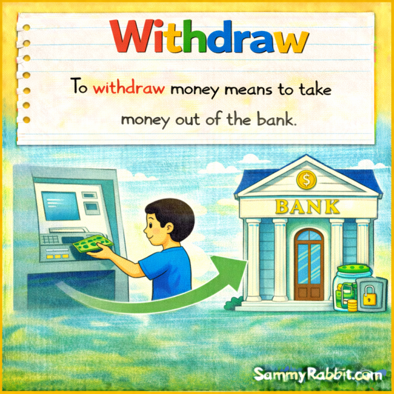 Withdraw – kid-friendly picture dictionary money word showing making a withdrawal